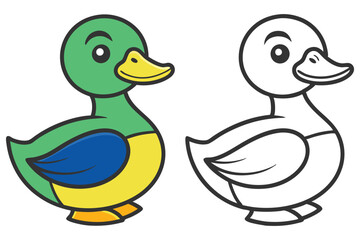 Cartoon Duck Illustration, Half Colored Half Outline, Playful Isolated Icon Design