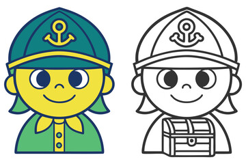 Cartoon Boy Captain With Treasure Box, Joyful Child with Sailor Hat, Line Art