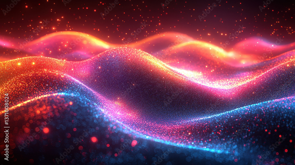 Poster futuristic abstract design with flowing neon lights and dynamic reflections in dark space showcasing