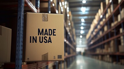 Shipping warehouse displaying boxes labeled made in USA ready for distribution during daytime hours