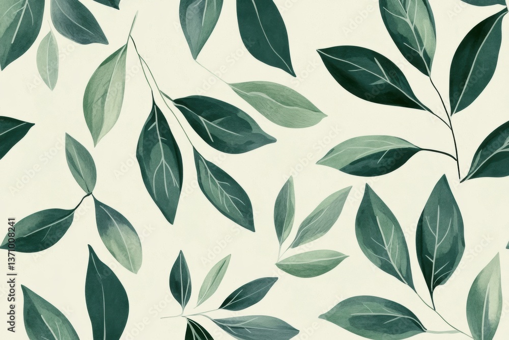 Aufkleber Elegant botanical pattern showcasing scattered leaves in soft green hues with a minimalist design for serene spaces