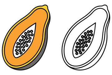 Half Papaya Fruit, Outline Version & Color on a Transparent Background