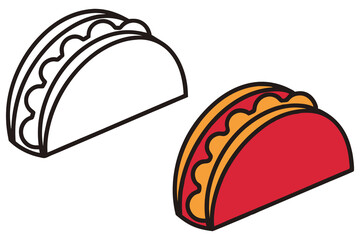 Cartoon Taco Red and Orange Filling with Outline and Coloring Page on White