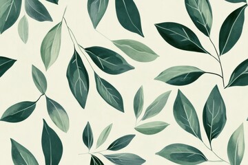 Elegant botanical pattern showcasing scattered leaves in soft green hues with a minimalist design for serene spaces