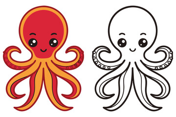 Cute Cartoon Octopus with Smiling Face and Line Art Version Design