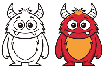Cartoon Monster Outline, Red Furry Creature, Comic Style, Horns, Big Eyes, Transparent