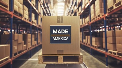 Box labeled Made in America placed on a pallet in a large storage warehouse filled with shelves