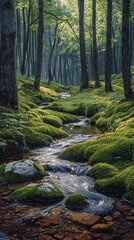 Serene forest stream flowing gently over moss covered rocks in sunlight Lush green trees create a tranquil woodland scene Perfect nature background