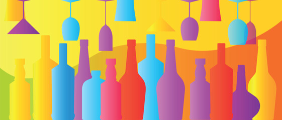Design set of bottles premium alcohol, party. Restaurant poster, wine list, vector illustration alcohol bright colors