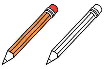 Two Pencils Orange Eraser, Outlined, and Sharpened Isolated on White Background