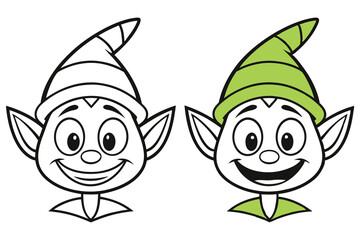 Cartoon faces of a happy elf, one in green, one in black outline on white