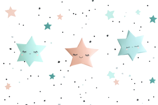 Cute pastel stars with smiling faces floating in the night sky, ideal for children’s designs, nursery decor, and dreamy illustrations of tranquility and joy