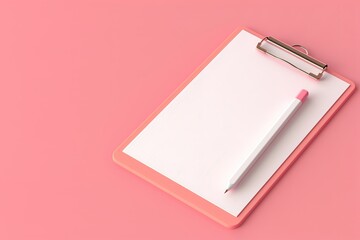 Clipboard with paper and pencil on a pink background; ready for taking notes