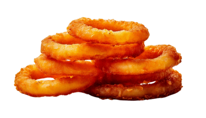 Crispy onion rings stacked together with a golden-brown crunchy coating on transparent background.