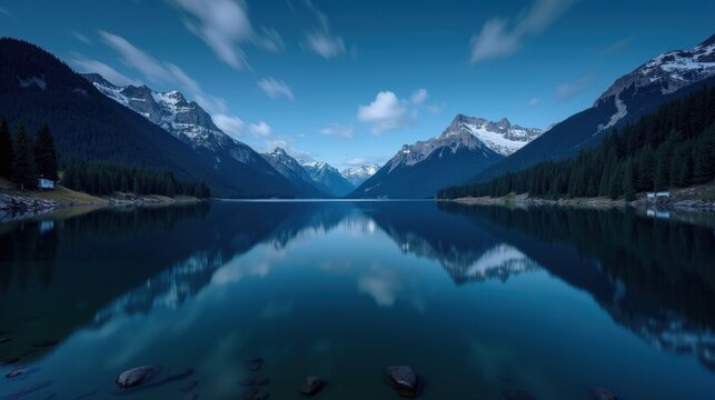 A high-quality professional photo of Lake Sils in Switzerland during night with sunny conditions, shot from an ordinary perspective