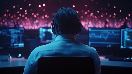 Back view of data analyst in headphones monitoring graphs