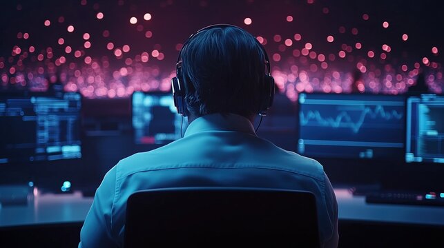 Back view of data analyst in headphones monitoring graphs