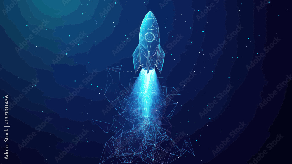 Poster abstract rocket launch wireframe vector of spaceship flying into space for business development and 