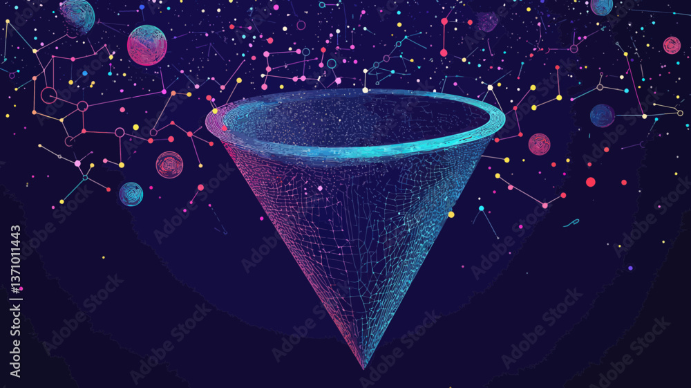Poster abstract big data sales funnel in starry space with planets and stars - minimalist svg vector for bu