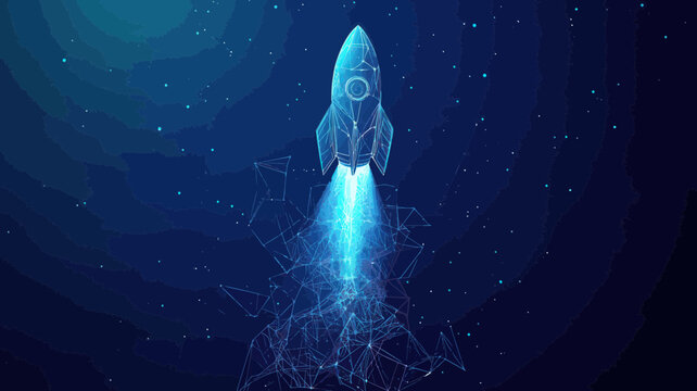 Abstract Rocket Launch Wireframe Vector of Spaceship Flying Into Space for Business Development and Boosting Concept on Technological Blue Background