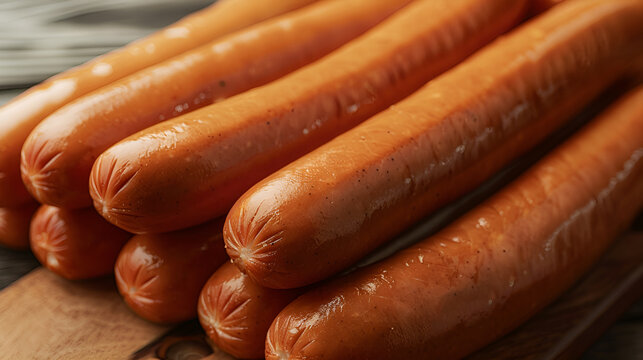 Zbliżenie na apetyczne par&oacute;wki ułożone na drewnianej desce.