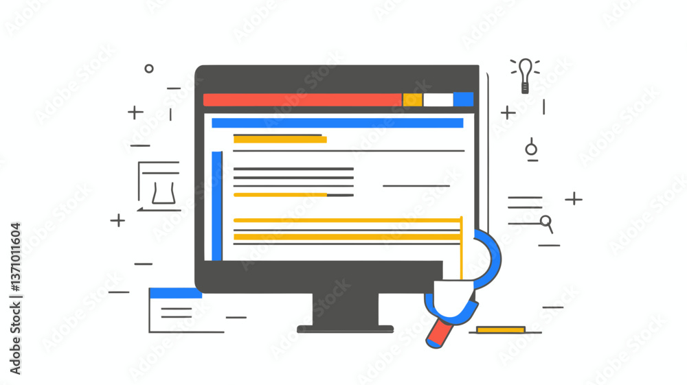 Poster seo search results concept on computer screen with magnifying glass symbolizing digital marketing an