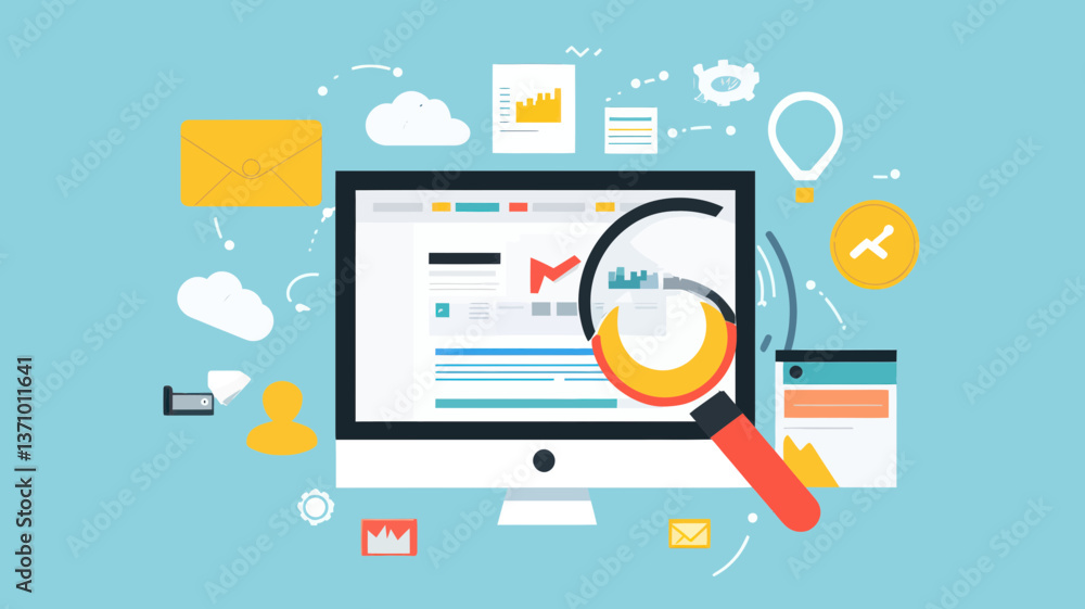 Poster modern flat design concept of website seo optimization improving search results with various icons