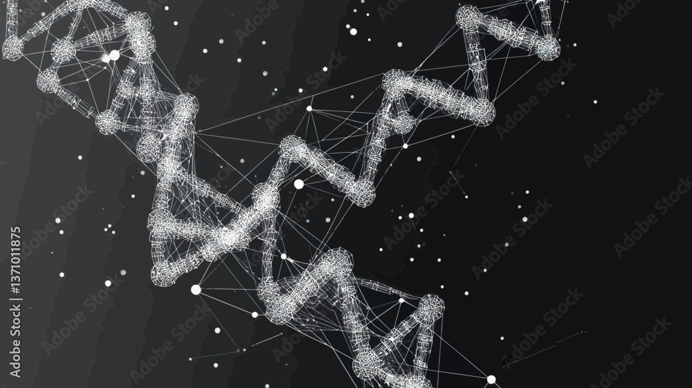 Poster grey dna strands with polygonal lines on black background, connecting dots and lines in low poly vec