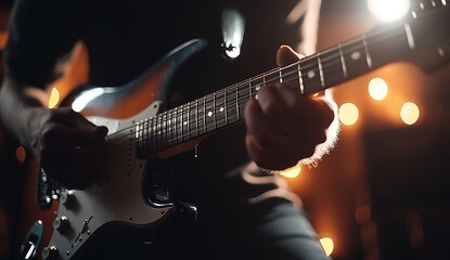 Obraz premium Close-up of a person playing an electric guitar in a dimly lit setting. The warm lighting creates a dramatic and passionate atmosphere.
