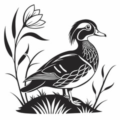 Mandarin duck black silhouette icon vector