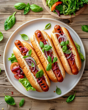 Hot dogi z warzywami, cebulą i świeżą bazylią na talerzu.