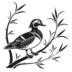 Mandarin duck black silhouette icon vector