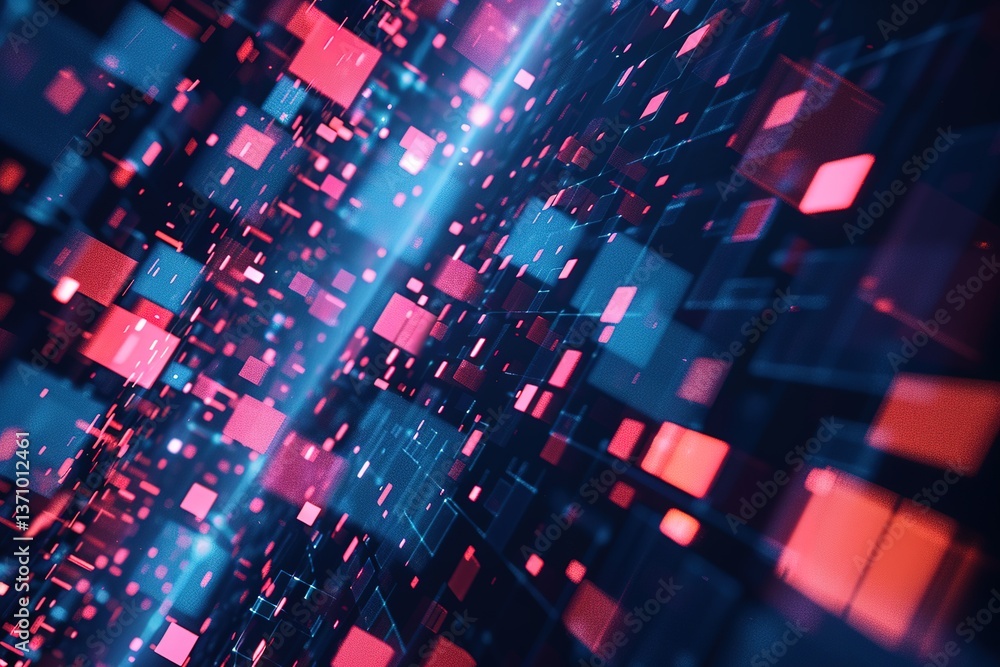 Poster abstract network: glowing squares and lines in a digital space create a vibrant grid