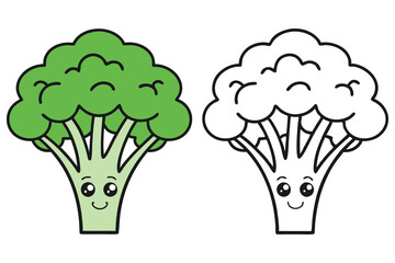 Cute Broccoli with Kawaii Face, Green, and Line Art Version on White Background