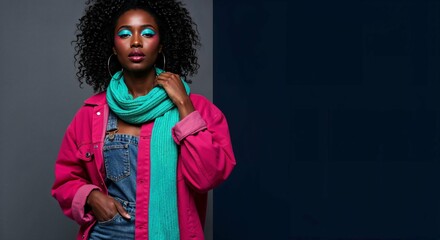 Stylish Black Woman with Colorful Makeup and Afro Hair Posing on Split Background with Copy Space