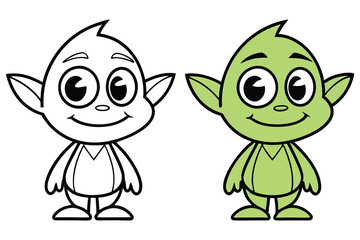 Cartoon Character Outline & Green Colored, Big Eyes, Smiling, Transparent Background