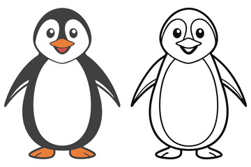 Cute Cartoon Penguin, Black and White outline, isolated on a transparent background