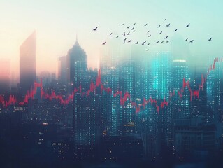 Obraz premium A cityscape with red stock market graphs overlaid and birds flying above, symbolizing finance in an urban environment.