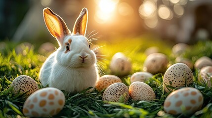 Easter bunny and Easter eggs. Easter holiday. Easter card with a hare. Cute rabbit with painted eggs.
