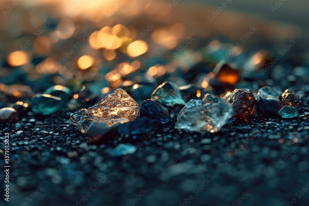 Poster a shimmering array of colorful glass fragments rest upon dark, textured ground under a bokeh of gold