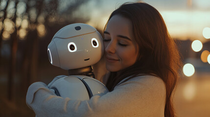 Young woman hugging friendly robot companion at sunset