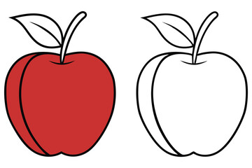 Outline Apple and Red Apple With Leaves Isolated on Transparent Background