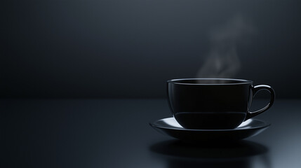 Obraz premium A close-up shot of a black coffee cup with glossy reflections, placed on a sleek black surface. Soft lighting highlights the rising steam, creating a minimalist and modern aesthetic. 