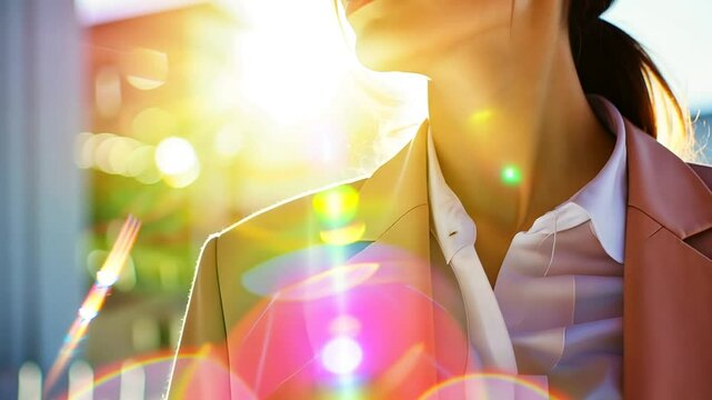 Frau im hellen Blazer bei Tageslicht