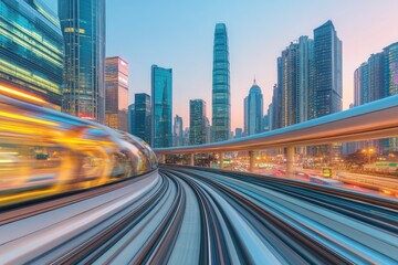 Obraz premium Fast train blurs past city skyscrapers at dusk. Concrete tracks curve, modern buildings rise