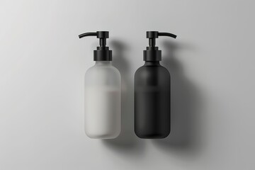 Obraz premium Black and white pump bottles stand side-by-side against a simple light grey background
