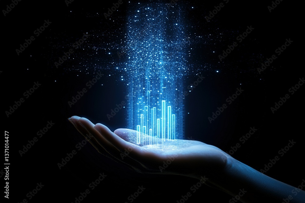 Poster hand holding a data graph with sparkling lights symbolizing technology and innovation