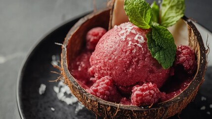Raspberry Ice Cream in Coconut Bowl with Fresh Mint Garnish
