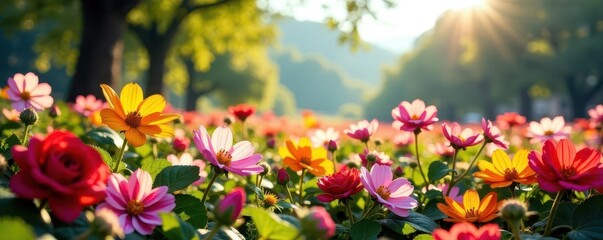 Obraz premium Lush floral expanse, diverse blooms in vivid colors, sunlit , high resolution, close up