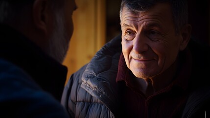 Close-up Portrait of Two Senior Men in Conversation, Deep Talk, Mature Friendship